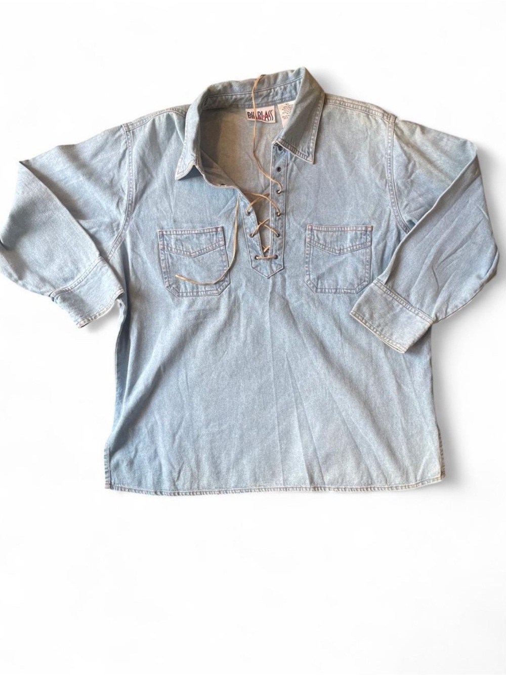 VTG 90s Bill Blass Denim Lace Up Top Long Sleeve XL Boho Indie 100% Cotton